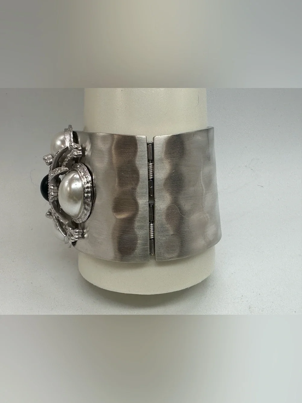 Vintage St John Cuff Bracelet Silver Tone Hinge Bangle Pearl Rhinestone 80s